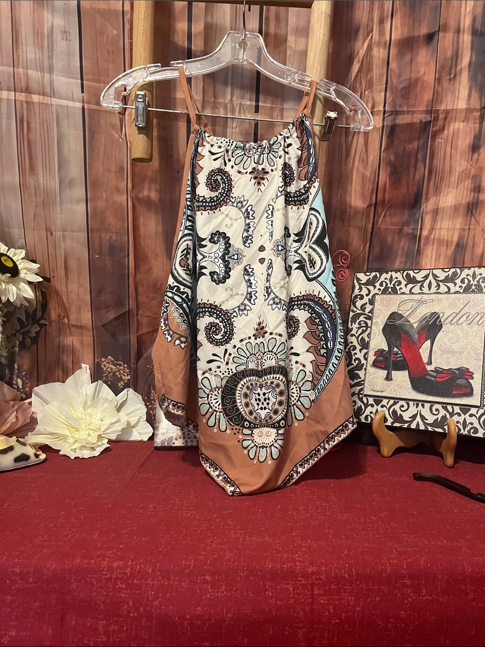 SHEIN Tan, White and Blue Paisley Handkerchief Hem Skirt